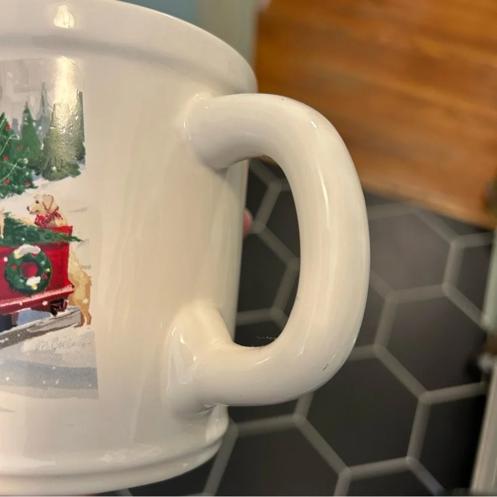 Magenta Large Mug Holiday Christmas Truck Tree Dogs white red green coffee tea